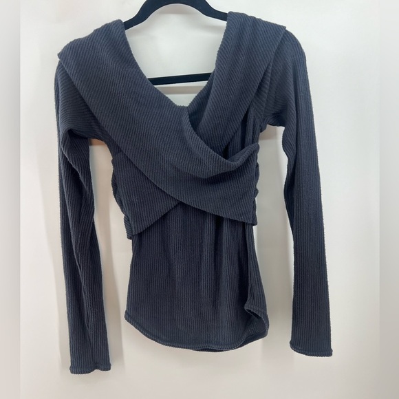 Free People Marley cross front long sleeve ribbed sweater top navy blue s small - Picture 6 of 8